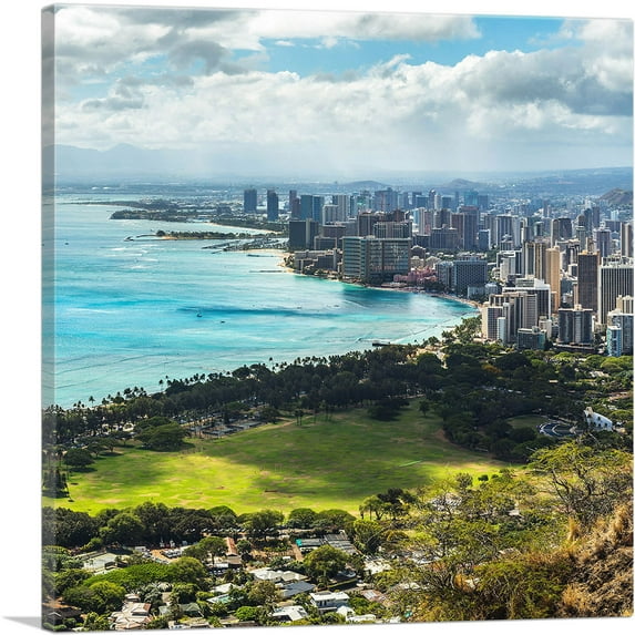 ARTCANVAS Honolulu Hawaii Beach Skyline Square Canvas Art Print - Size: 26" x 26" (1.50" Deep)