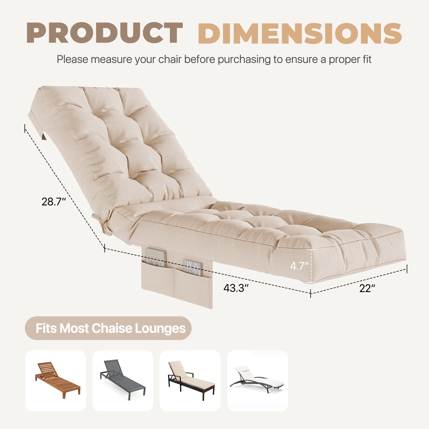 BaPiPro Beige Outdoor Chaise Lounge Cushion with Side Pocket, Triple Non-Slip Fixation, All-Weather Durable & Soft Fabric, Thickened Padding, Ideal for Patio and Poolside Use