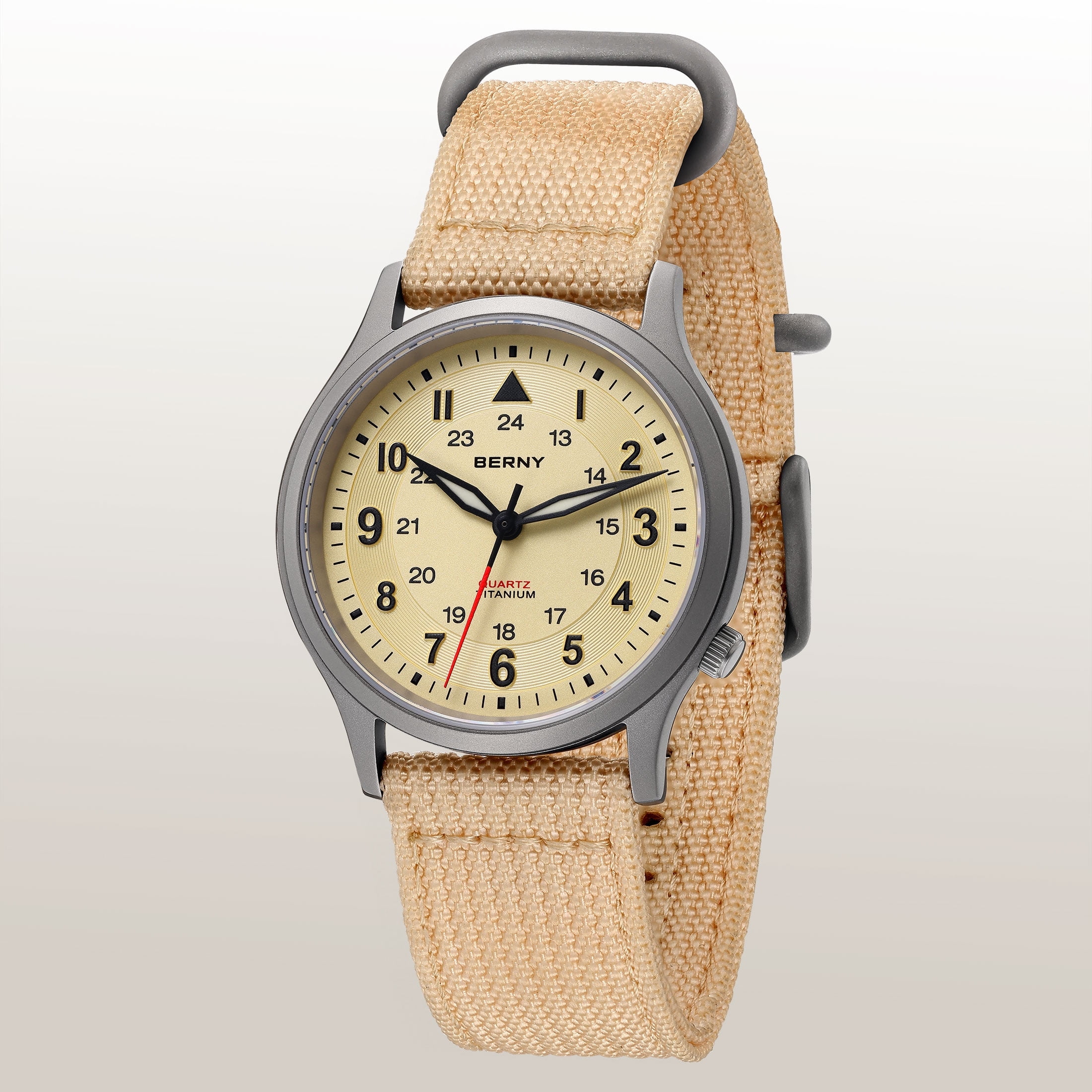 BERNY Titanium Watches for Men, Japanese Quartz Movement Men's Field Watch, 5ATM Waterproof Military Wristwatch for Men, Analog Sport Watches, Beige