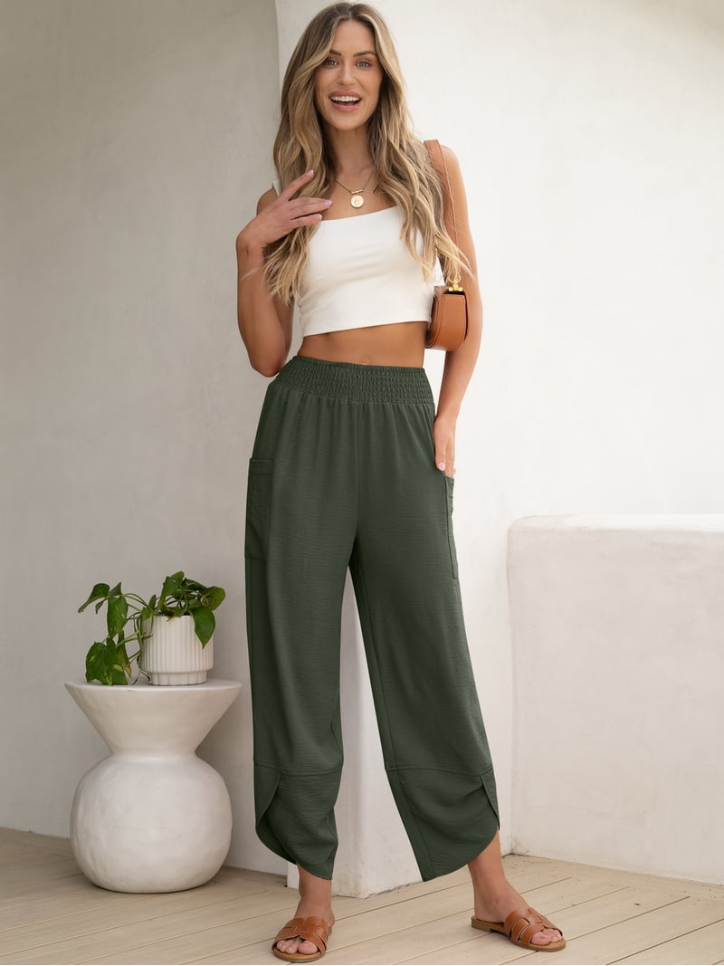 ANRABESS Wide Leg Capri Pants for Women Smocked High Waist Cropped