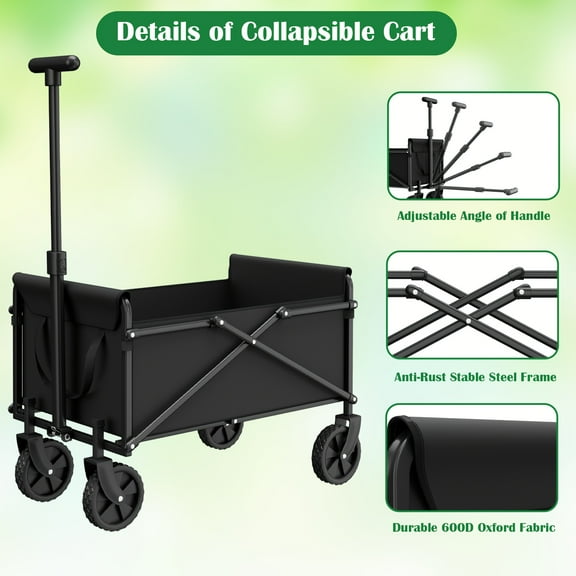 Collapsible Wagon Cart Foldable Grocery Wagon with Wheels Portable Folding Heavy Duty Garden Utility Cart for Outdoor Sports Shopping Camping, Black