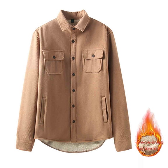 Men's Thick Fleece Lined Shirt Jacket Solid Long Sleeve Button Down Lapel Cardigan Cargo Coat with Pockets Khaki 2XL