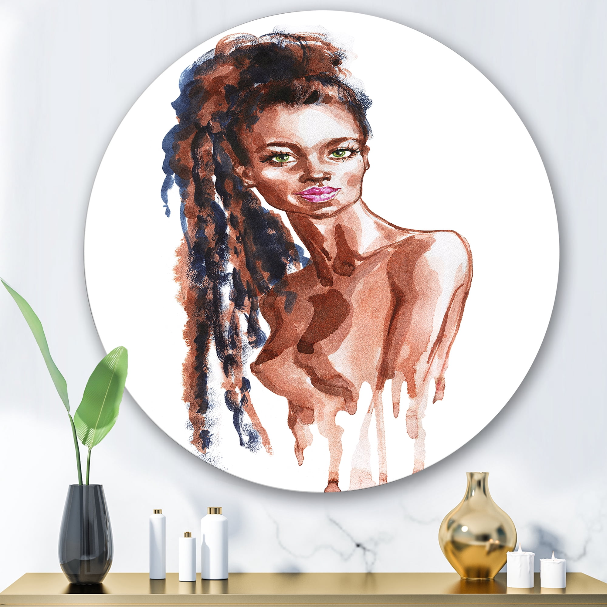 Designart 'Portrait of Afro American Woman VIII' Modern Circle Metal Wall Art 29x29 - Disc of 29