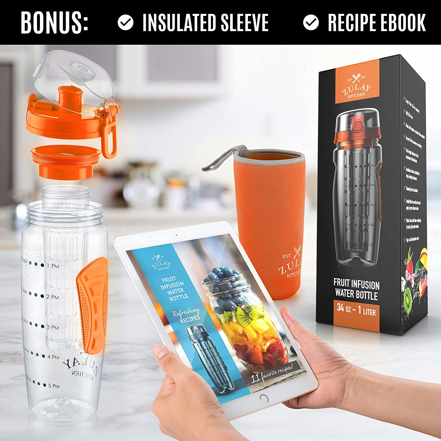 Zulay Kitchen Portable Water Bottle with Fruit Infuser 34 oz - Sunrise Orange - image 3 of 9