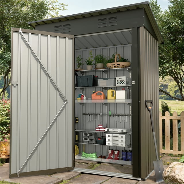 Remise de Rangement Extérieure en Métal - Utilitaire Compacte 5 X 3 Pi Brun - Toit en Pente et Porte Verrouillable - Résistante aux Intempéries pour Jardin, Terrasse (1 Pce)
