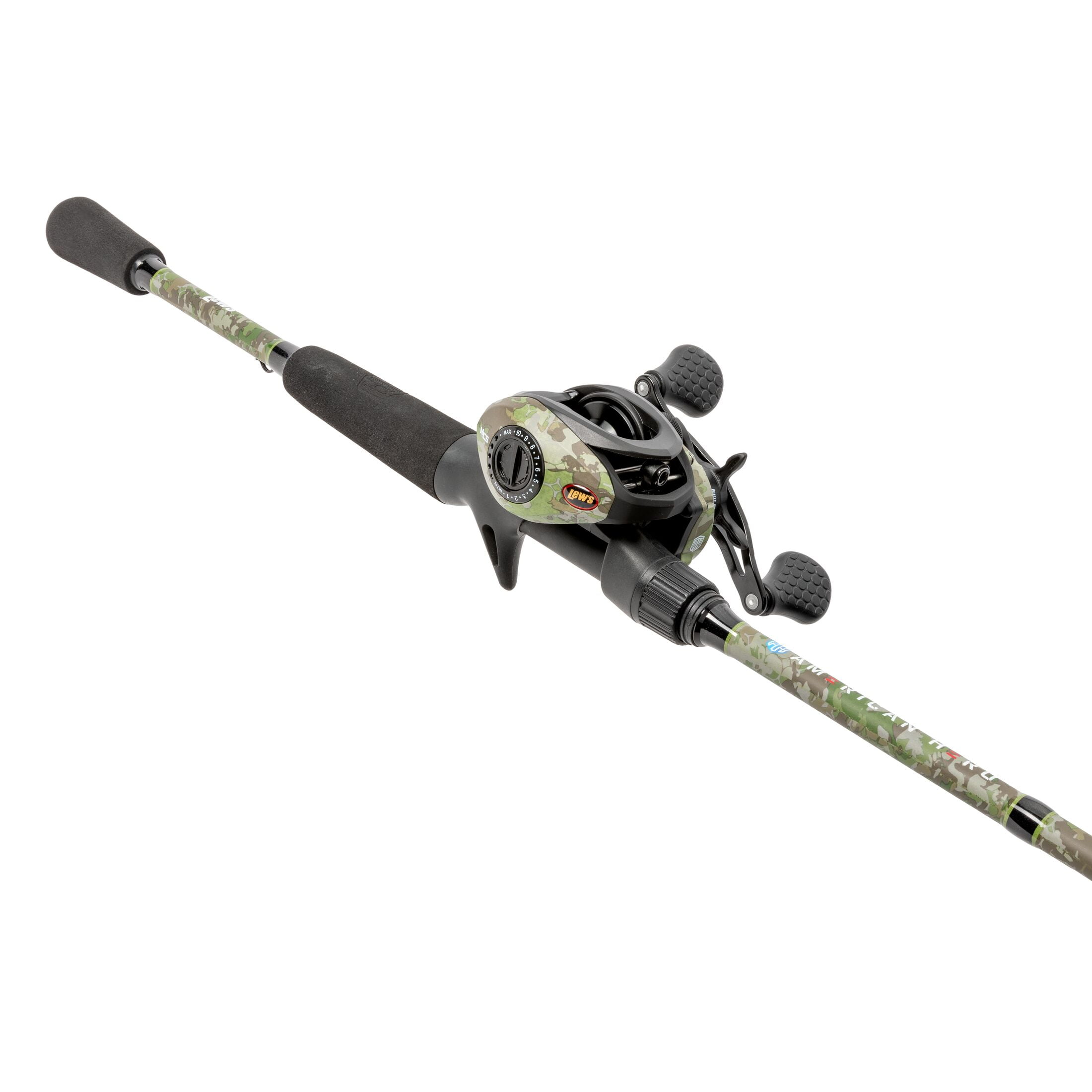 Lew's American Hero Camo Baitcast Reel and Fishing Rod Combo, 7-Foot Rod, Medium Power Fast Action, Left-Hand Retrieve, Camo/Black