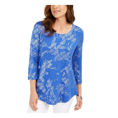 JM Collection Women's 3/4 Sleeve Printed Top Blue Size Medium