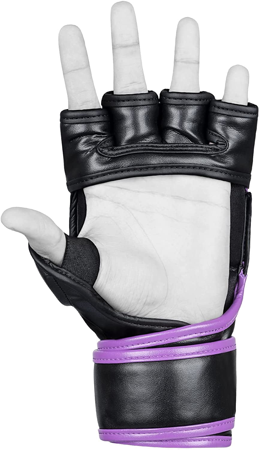 Kruzak Adult Wear-Resistant Half-Finger Synthetic Leather MMA Gloves with Hand Wraps for Kickboxing, Training, Purple, Small/Medium, 2 Piece