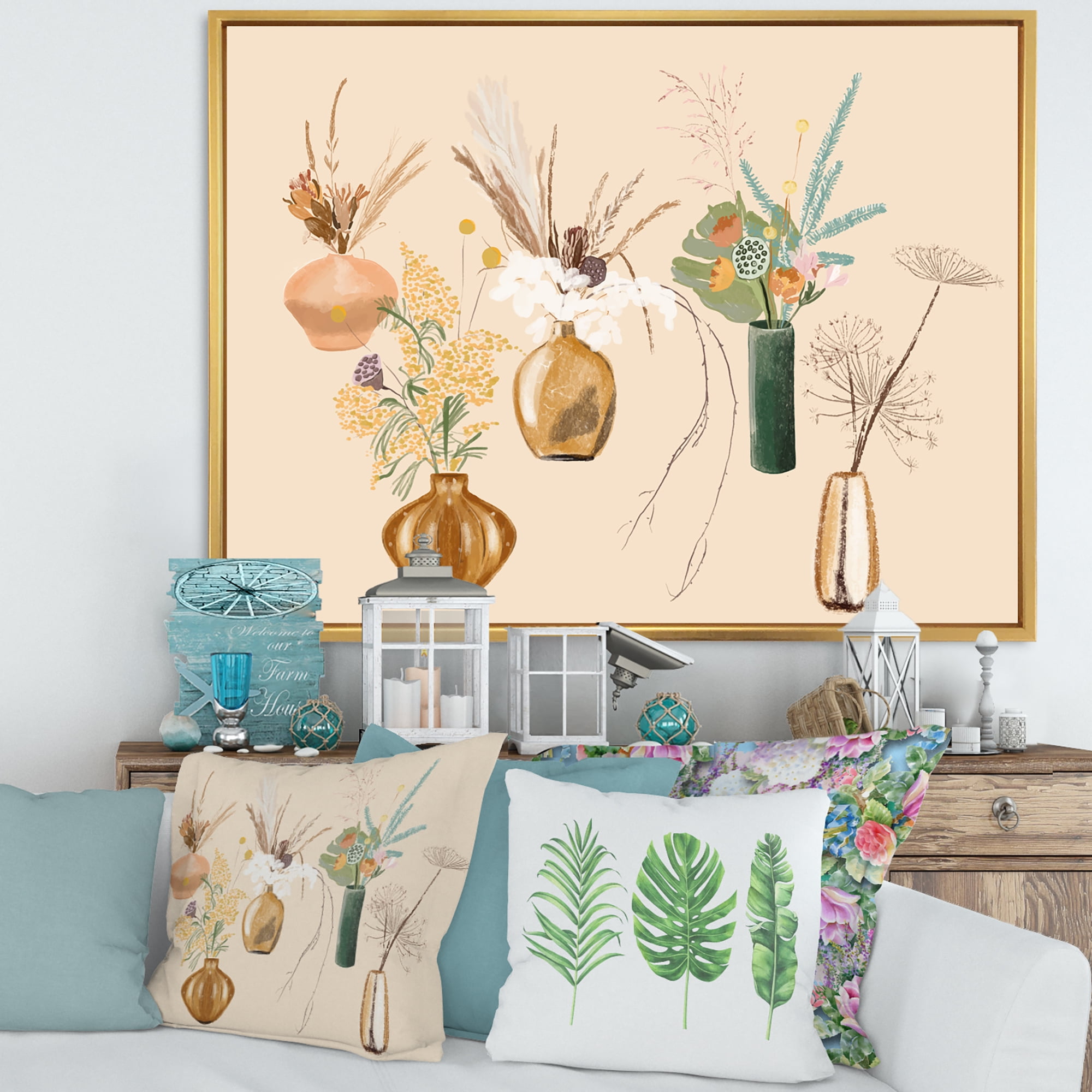 Designart 'Gold Vases With Bouquets Of Wildflowers III' Traditional Framed Canvas Wall Art Print