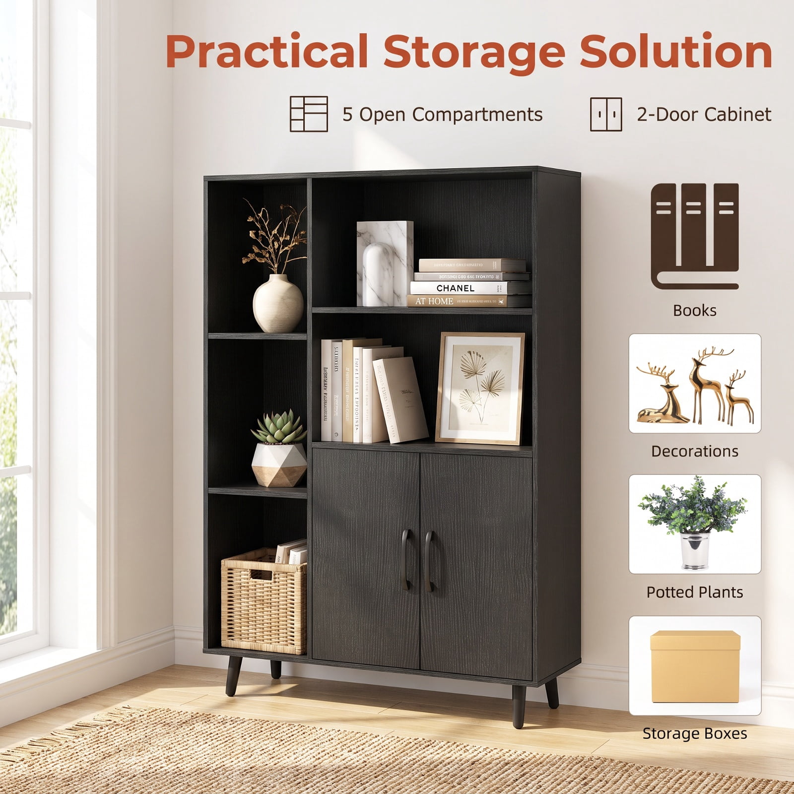 Furnibear 4 Inch Floor Bookshelf with 5 Open Compartments and Storage Cabinet for Living Room Home Office Bedroom Display Storage Shelf, Black