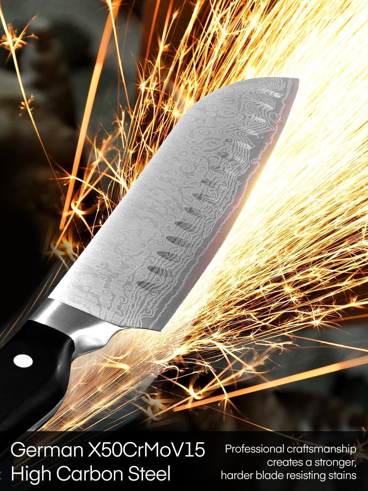 FOHERE 14 Pcs Knife Set with Self-sharpening Technology, Waved Texture Kitchen Knives, Stainless Steel