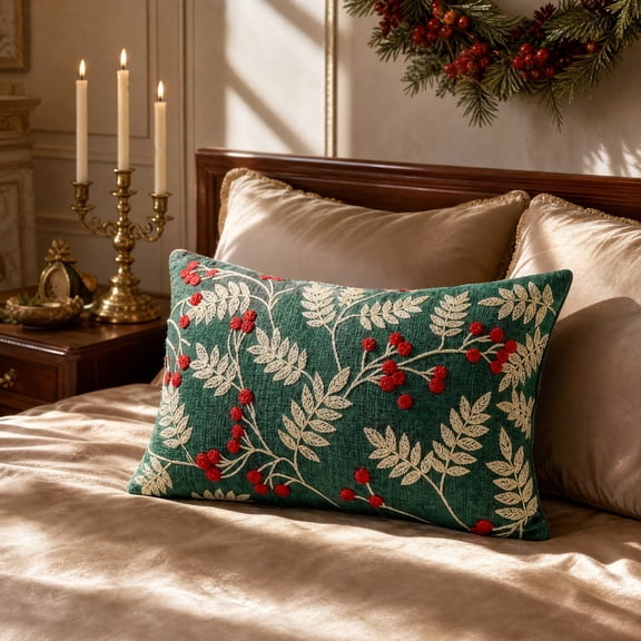 KFUIRDE Christmas Throw Pillow Cover 20x12in, Dark Green Velvet Cushion Case with Red Embroidered Mini Christmas Tree Design, Decorative Sofa Pillow Cover for Xmas Home Couch Holiday Decor H