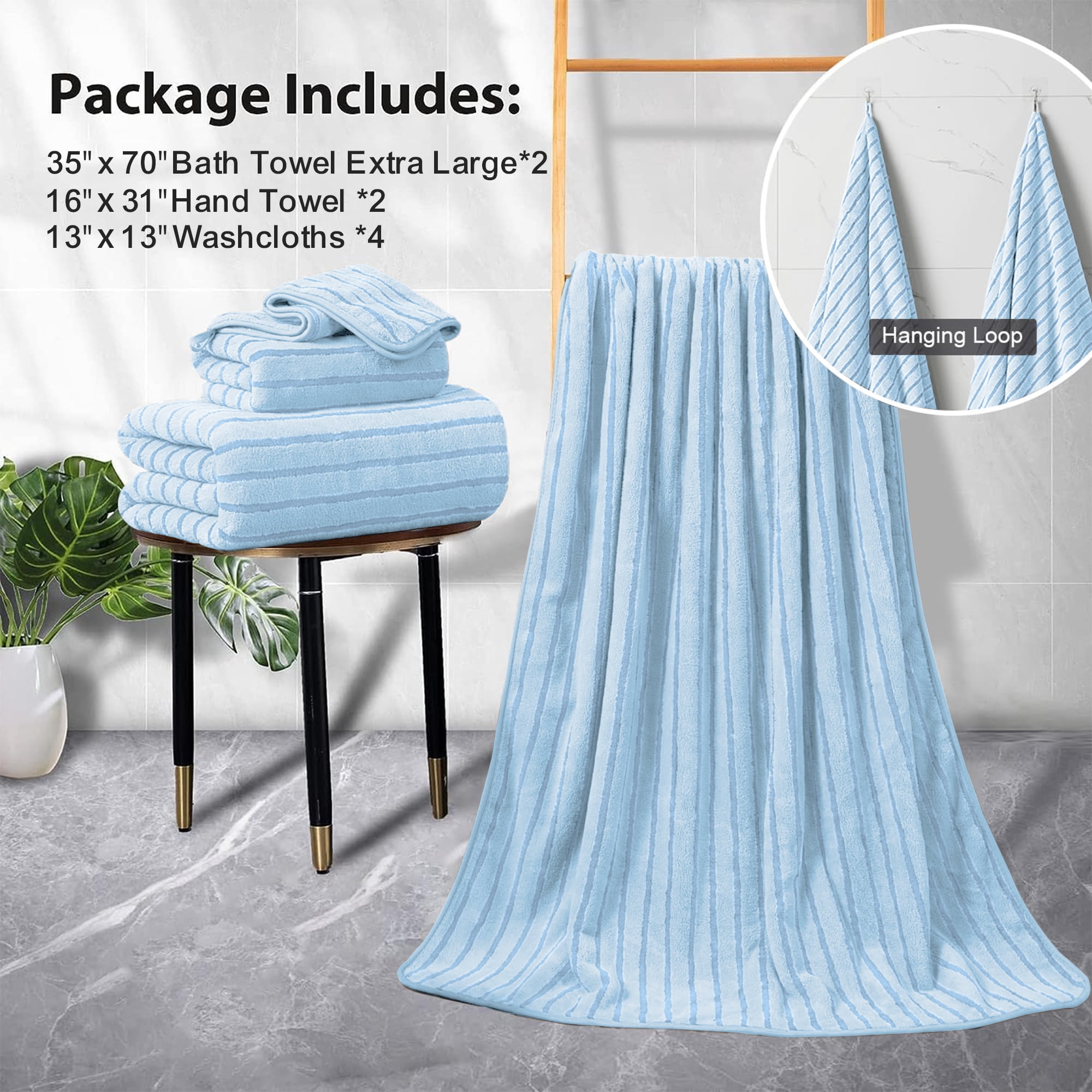 Jessy Home 8 Pcs Blue Bicolor bar Stripe Large Bath Towels Set 2 Oversized Bathroom Towels, 2 Hand Towels, 4 Washcloths