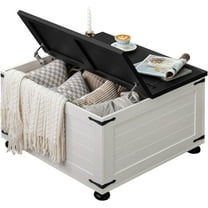 Farmhouse Coffee Table with Hidden Storage, Large Square Center Table for Living Room, Vintage Cocktail Tables with Flip-Top Lids, Farm House Tables with Wood Gourd Feet, Antique White & Black