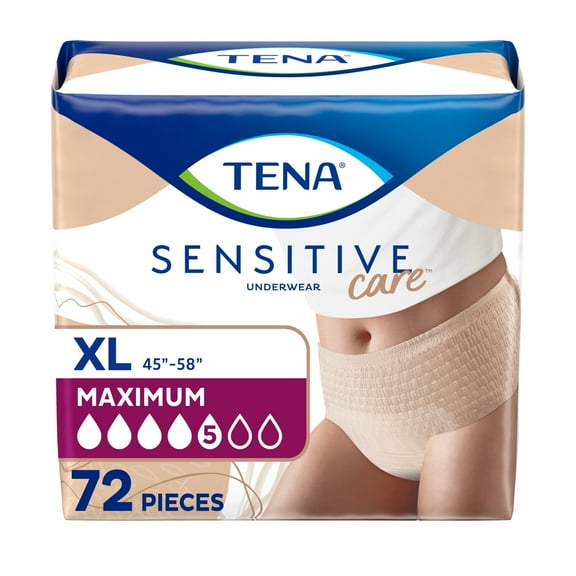 TENA Sensitive Care Adult Incontinence Underwear for Women, Maximum, Extra Large, 2 Pack of  72 Count