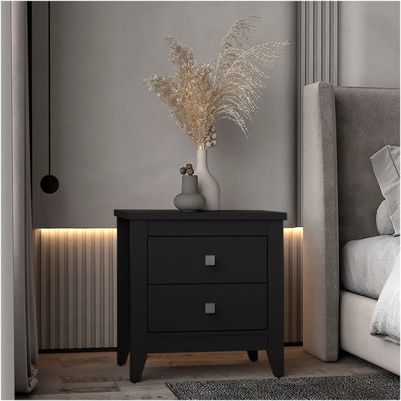 JERFIT Modern Nightstand with 2 Drawers, Black Wood Finish Bedside Table with 4 Tapered Legs for Bedroom Storage