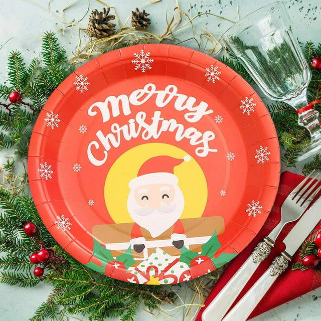 Christmas Party Decorations Disposable Dinner Plates Cartoons Santa Claus Plates Paper Cup Set Party Cutlery