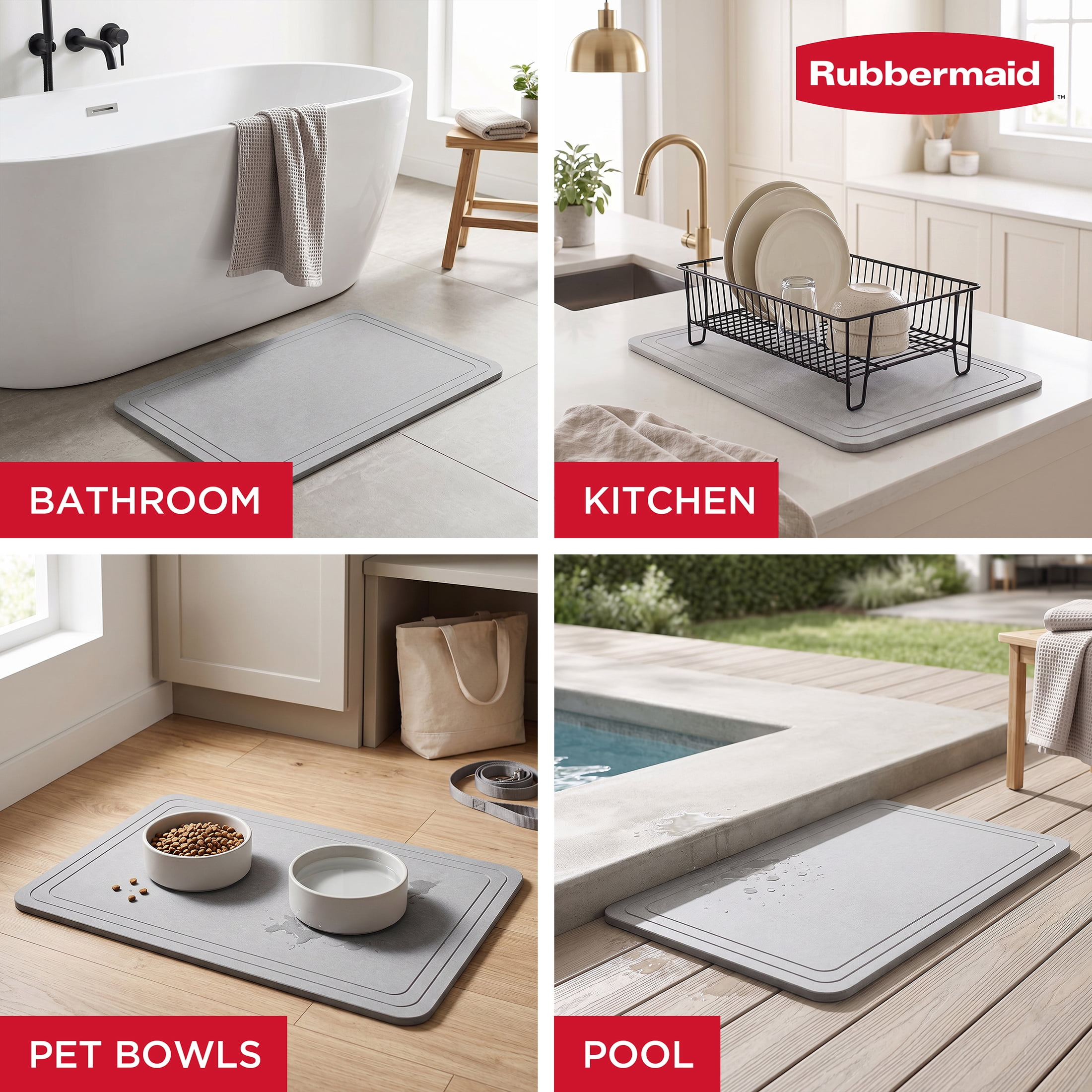 Rubbermaid Gray Stone Bath Mat, Diatomaceous Earth Shower Mat, Non-Slip, Absorbent, Quick Drying, for Bathroom Floor, 23.6" x 15.3"