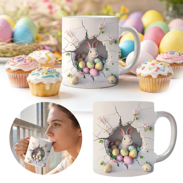 REK Easter Decor Rabbit Egg Hunt Mug For And Ready Glass Cup With Cute Bunny Design Ideal For Coffee Hot Chocolate