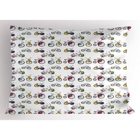 Bicycle Pillow Sham Hand Drawn Penny-Farthing Tandem and City Bikes with Colored Rims Cartoon Style, Decorative Standard Size Printed Pillowcase, 26 X 20 Inches, Multicolor, by