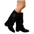 thumbnail image 5 of Xfvqtps Knee High Boots for Women Fold over Chunky Low Heel Double Buckle Strap Suede Tall Boots, 5 of 9