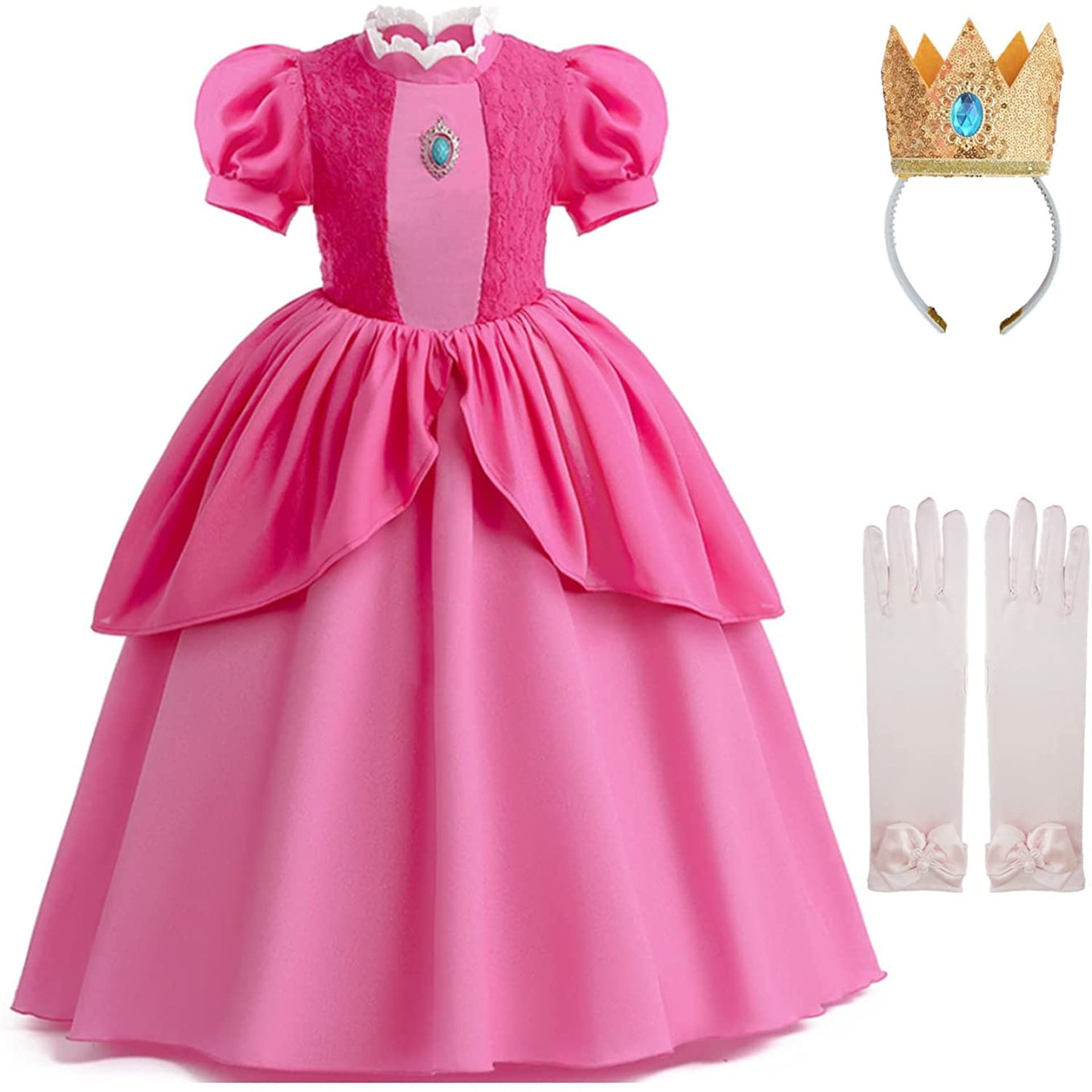 Girls Peach Princess Pink Dress Super Brothers Halloween Party Cosplay Costume