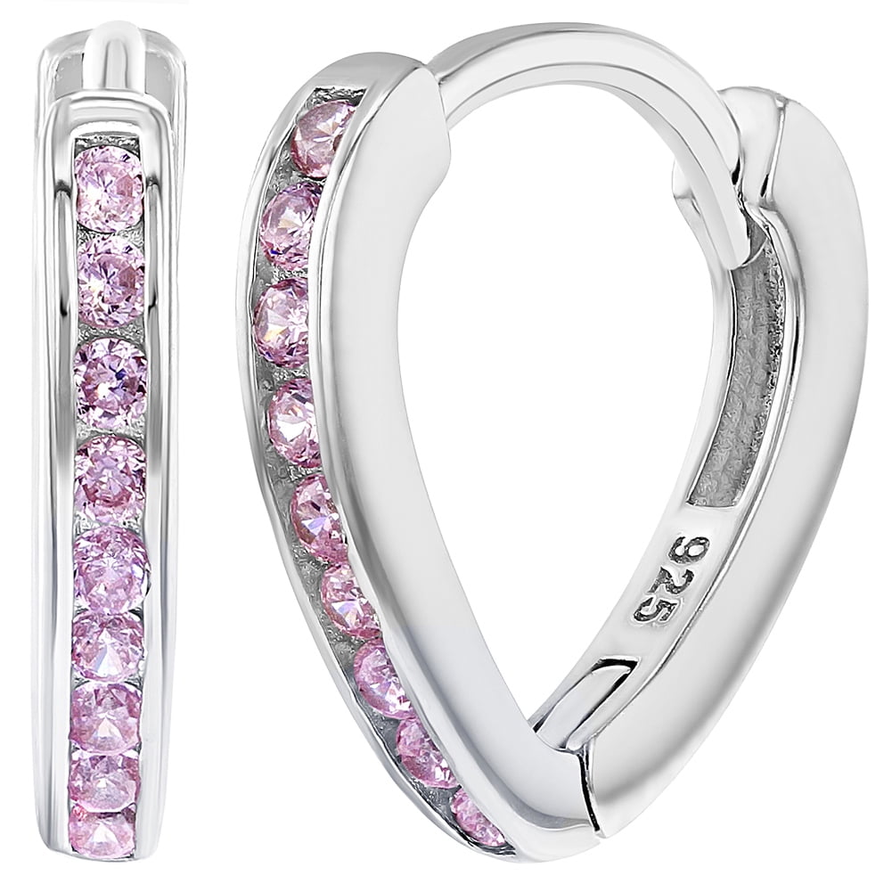 925 Sterling Silver Pink Cz Small Long Hoop Earrings S 0 39