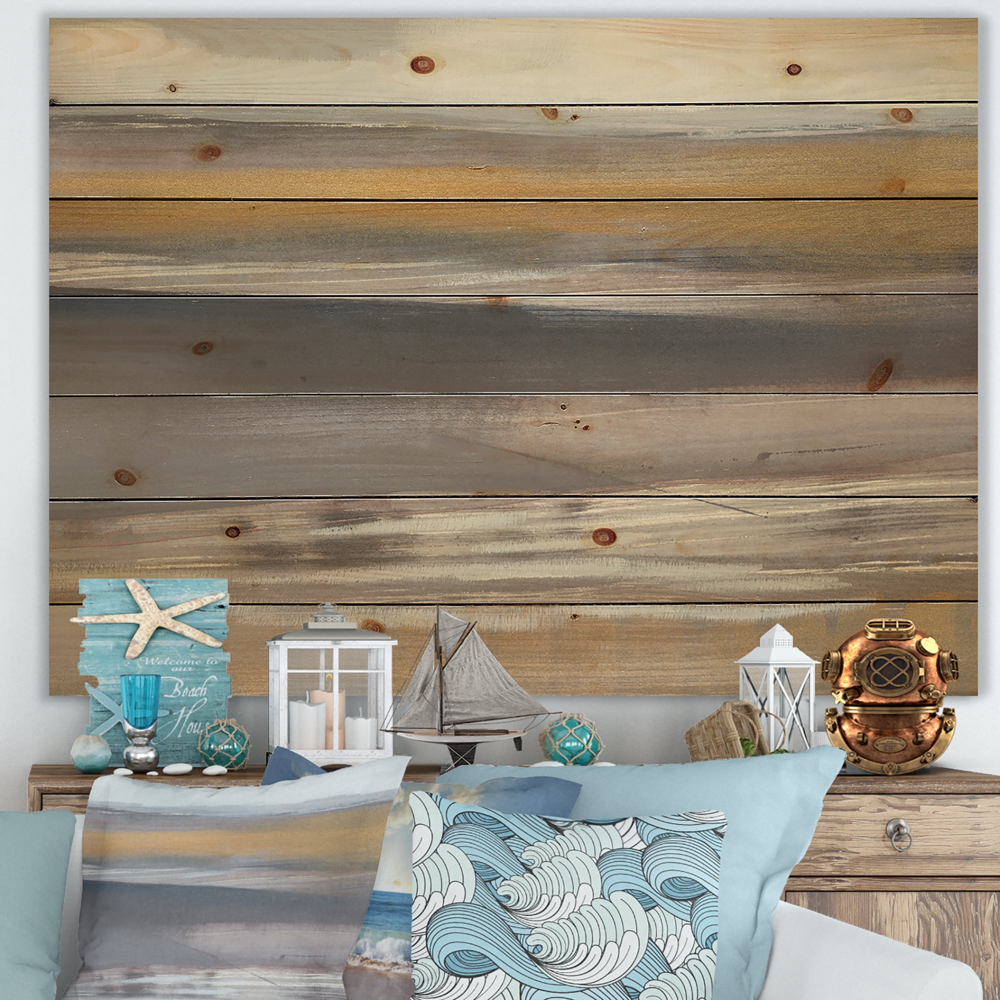 Designart 'Misty Grey Beach' Nautical & Coastal Print on Natural Pine Wood