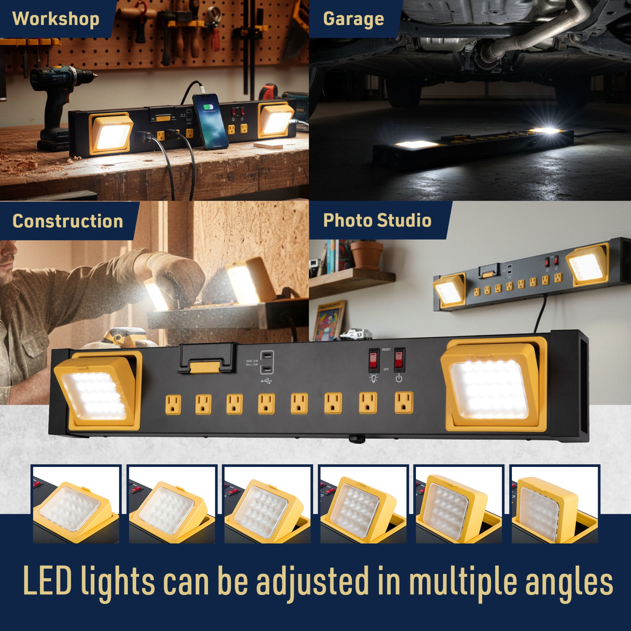 Kings County Tools UL Listed Metal Power Surge Protector with USB Ports, 8 Outlets, and LED Lights