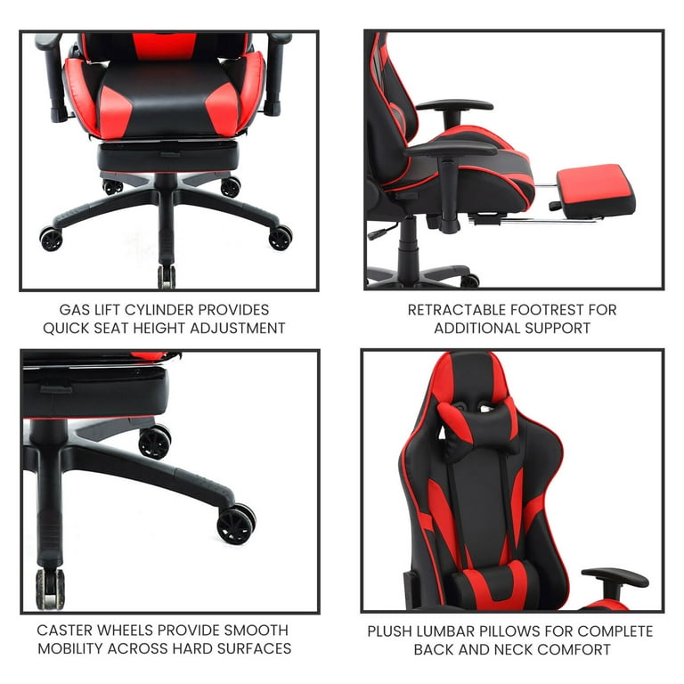 Hanover Commando Ergonomic Gaming Chair with Adjustable GAS Lift Seating, Lumbar and Neck Support - Black and Red