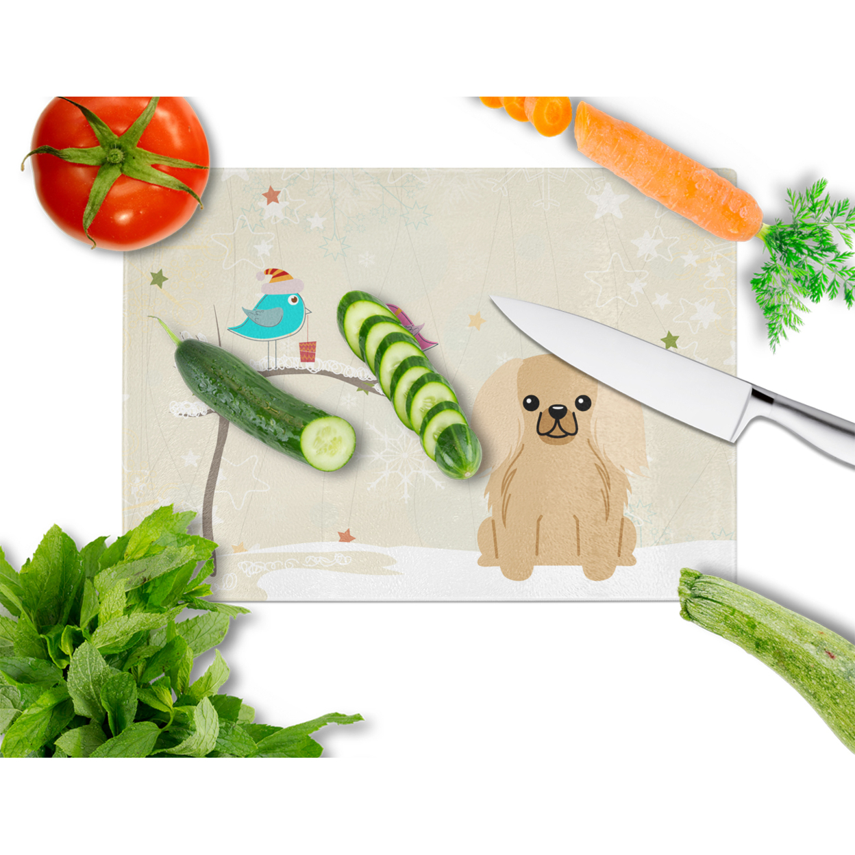 Caroline's Treasures Christmas Presents between Friends Pekingnese Fawn Sable Glass Cutting Board Large