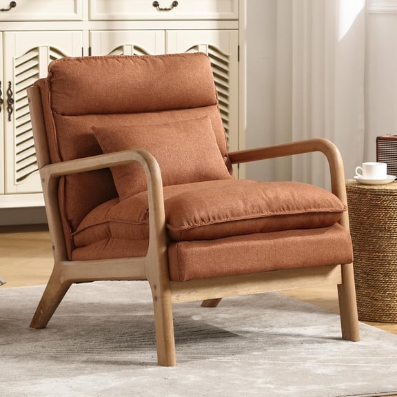 Mid Century Modern Accent Chair with Wood Frame, Upholstered Reading Armchair with Waist Cushion, Double Padded Accent Chair, Side Chair for Living Room Bedroom Office, Easy Assembly, Brown
