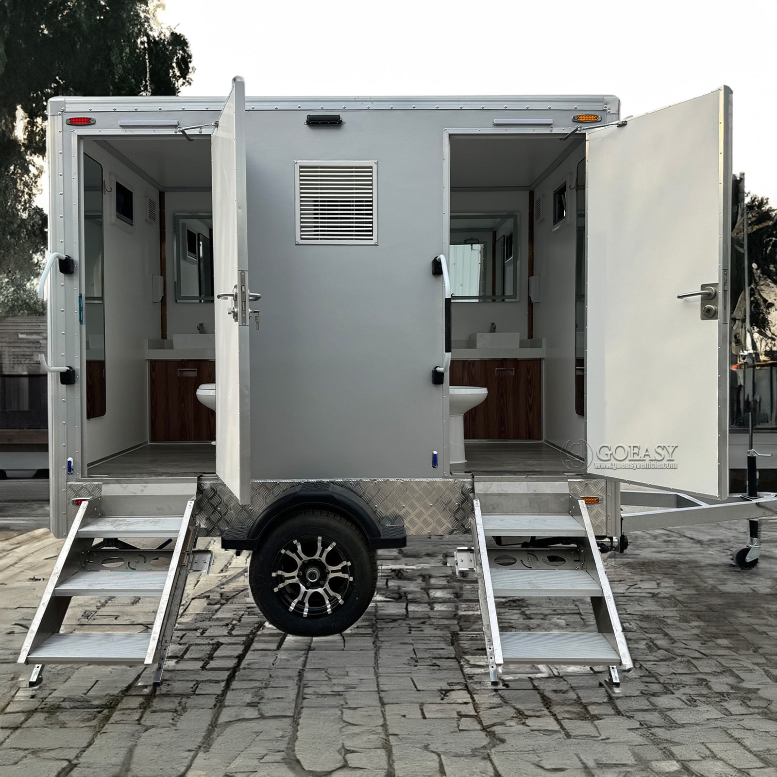 Goeay Vehicle Dual-Stall Portable Restroom Trailer Luxury Mobile Toilet with Sink for Weddings, Events, Construction Sites