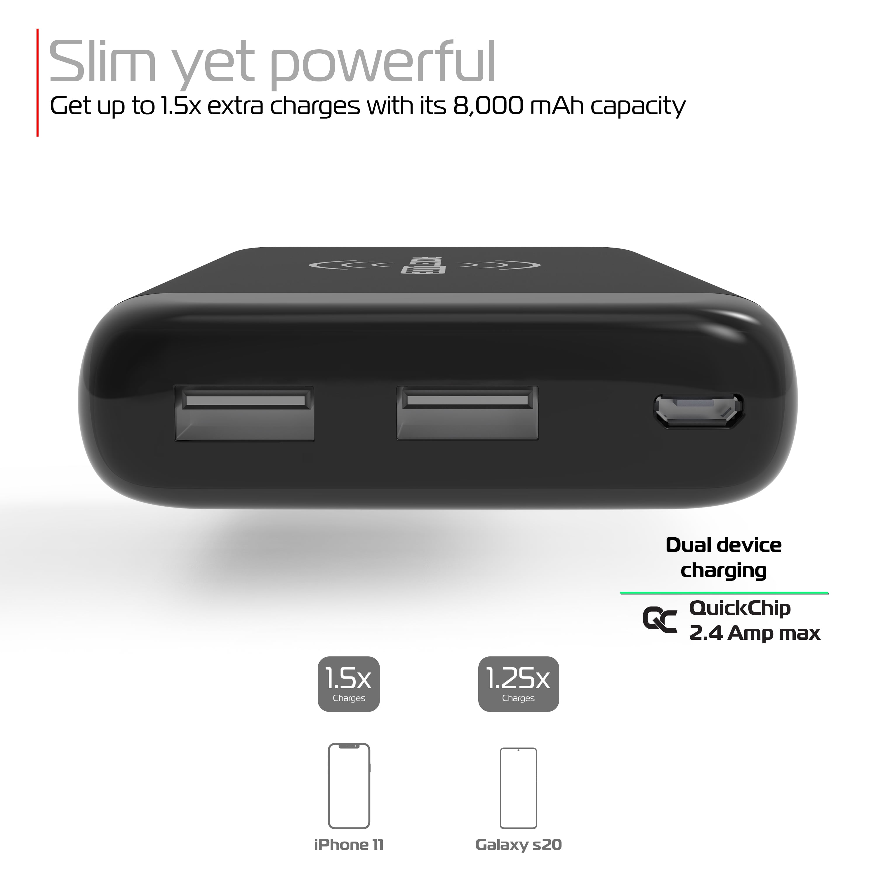 Pocket Juice 8K Qi Wireless Portable Charger - 8,000mAh Battery Power Bank with Dual-USB Ports