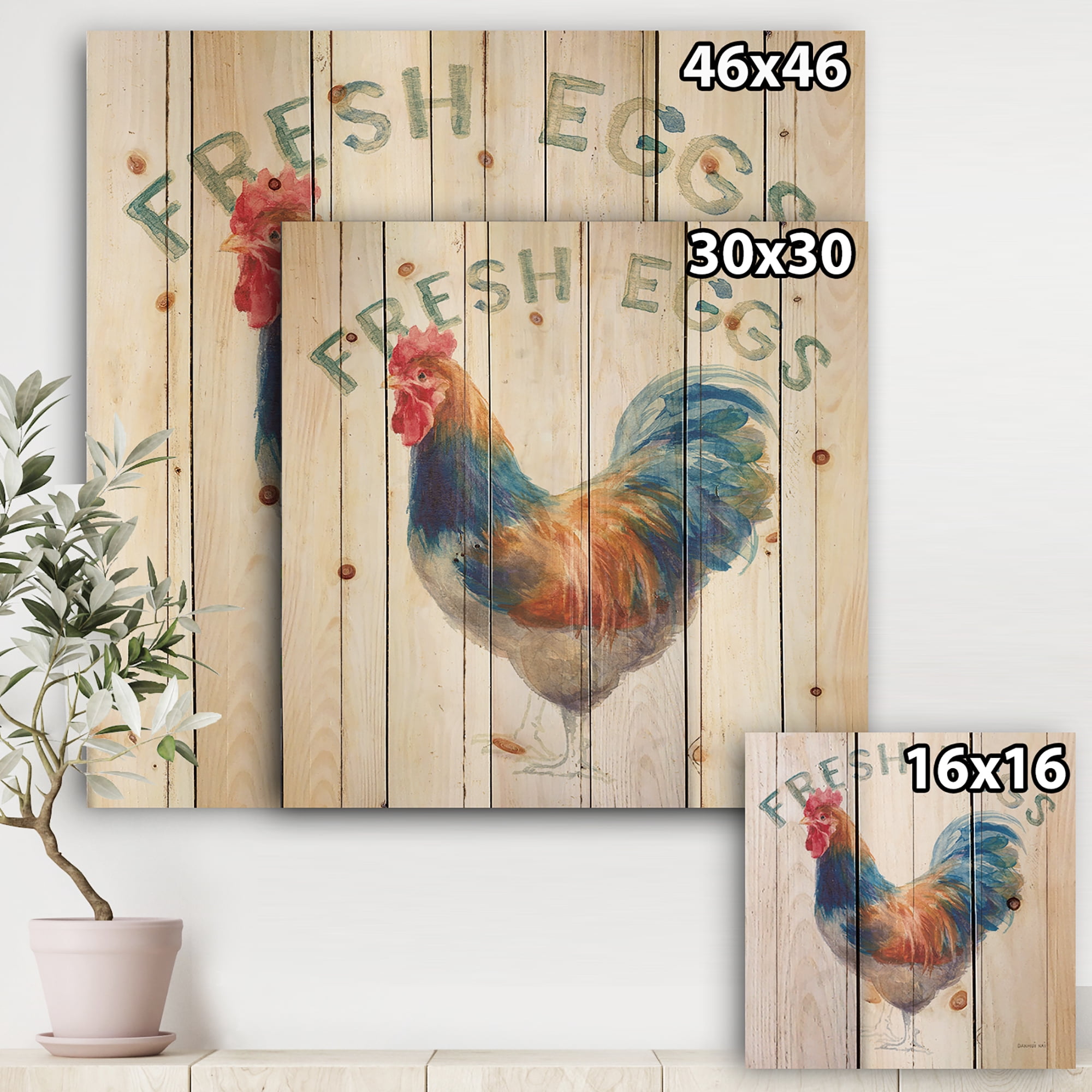 Designart 'Wood Farm Roaster On White II' Farmhouse Print on Natural Pine Wood
