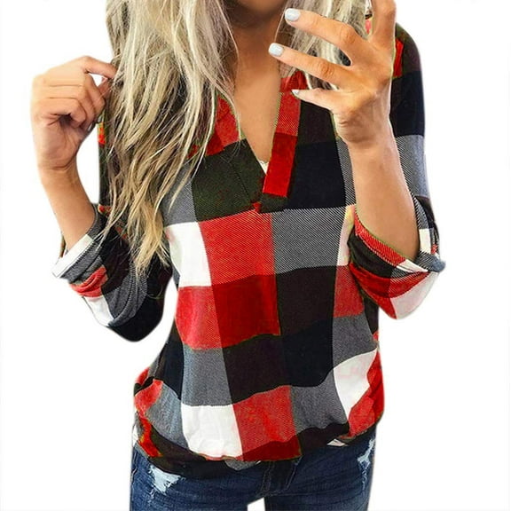 DailyTrove Women's Red & Black Plaid V-Neck Top, Casual Outerwear for Daily Errands & Casual Gatherings for women