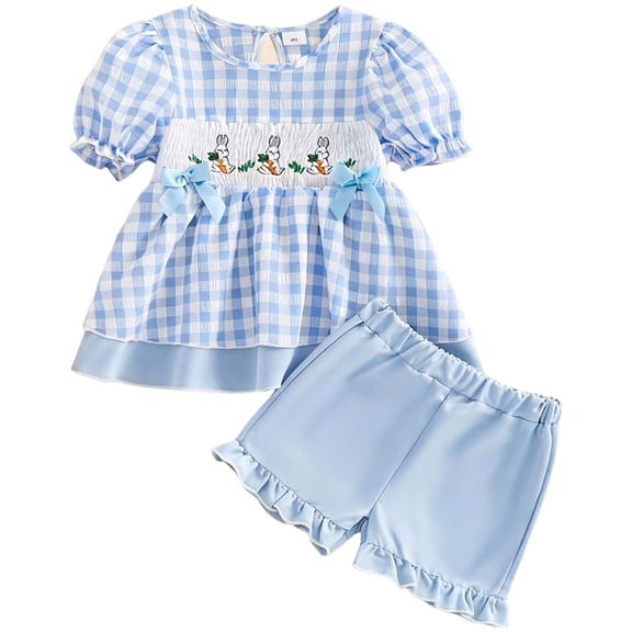 Staki Easter Baby Outfit Baby Girl Happy Easter Outfit Toddler Easter Eggs Short Sleeve Shirt Kids Shorts Pant Summer Clothes 6-24M 2-4Y(Blue,12-18 Months)