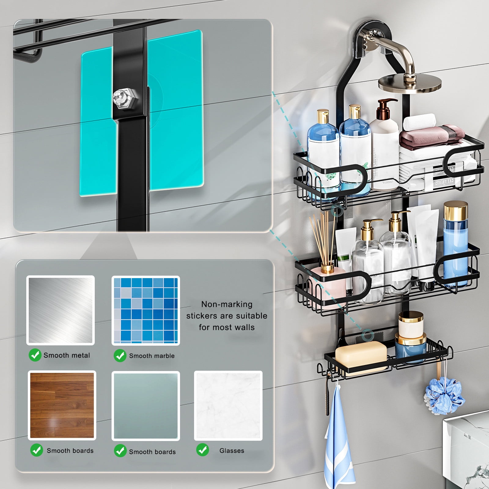 Stainless Steel Hanging Shower Caddy - 3 Tier Bathroom Organizer with Soap Holder, Towel and Sponge Hooks,Shower Caddy over Shower Head, Easy to Install