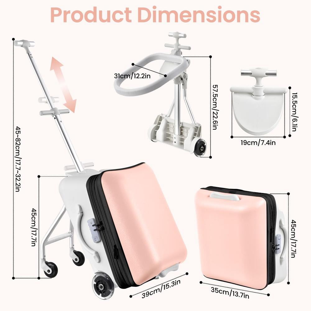 Expandable Kids Ride-On Luggage, 20-Inch Carry-On Suitcase with Shockproof Silent Wheels and Guardrail, 2-in-1 Children's Luggage for Air Travel, Pink