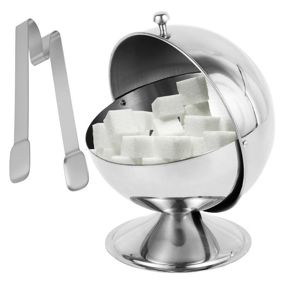 Stainless Steel Sugar Bowl with Roll Top Spherical Candy Bowl Reusable Sugar Cube Jar with Clip for Home Kitchen Coffee Bar