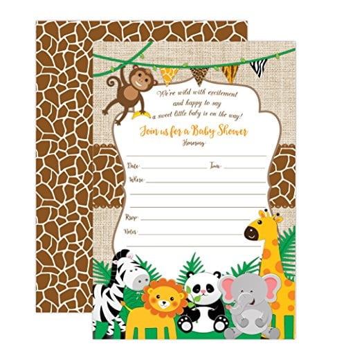 Jungle Safari Baby Shower Invitations Safari Animal Invitation 20 Fill In Invitations And Envelopes Boy Or Neutral Baby Showe Walmart Com Walmart Com