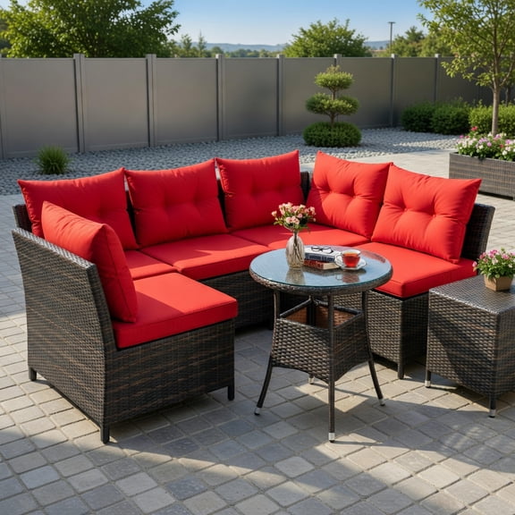Topcobe 4 Pieces Outdoor Cushioned Rattan Furniture Set, Outdoor Patio Furniture for Garden Backyard-Red