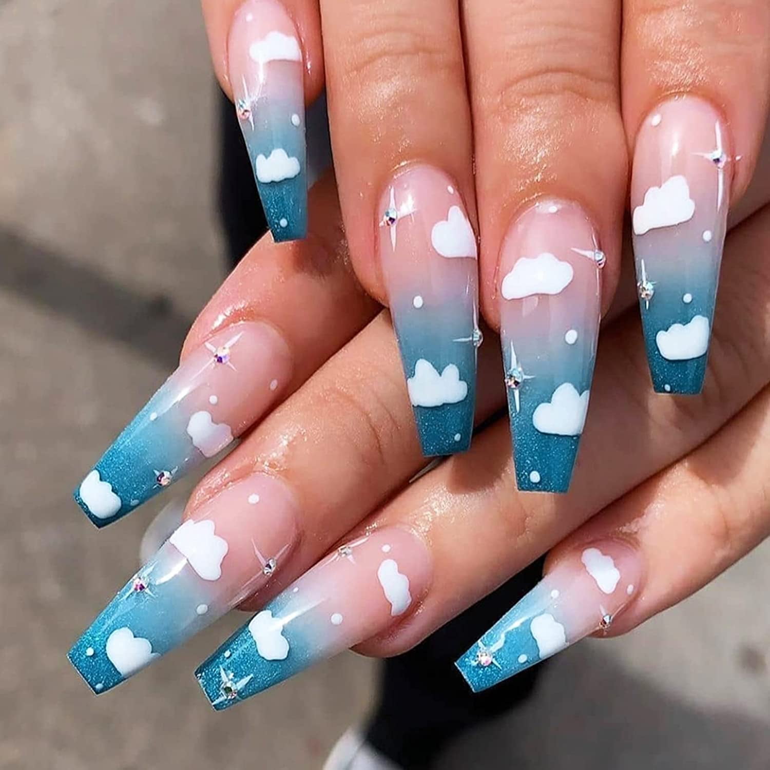Blue Sky Extra Long Press on Nails with Designs False Fake Nails Coffin