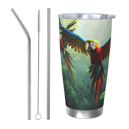 

Lukts Flying Parrots In Jungle for 20OZ Car Cup Stainless Steel Direct Drinking Straw Thermos Cup Suitable for Office Travel and Car-Straw Three-piece Set