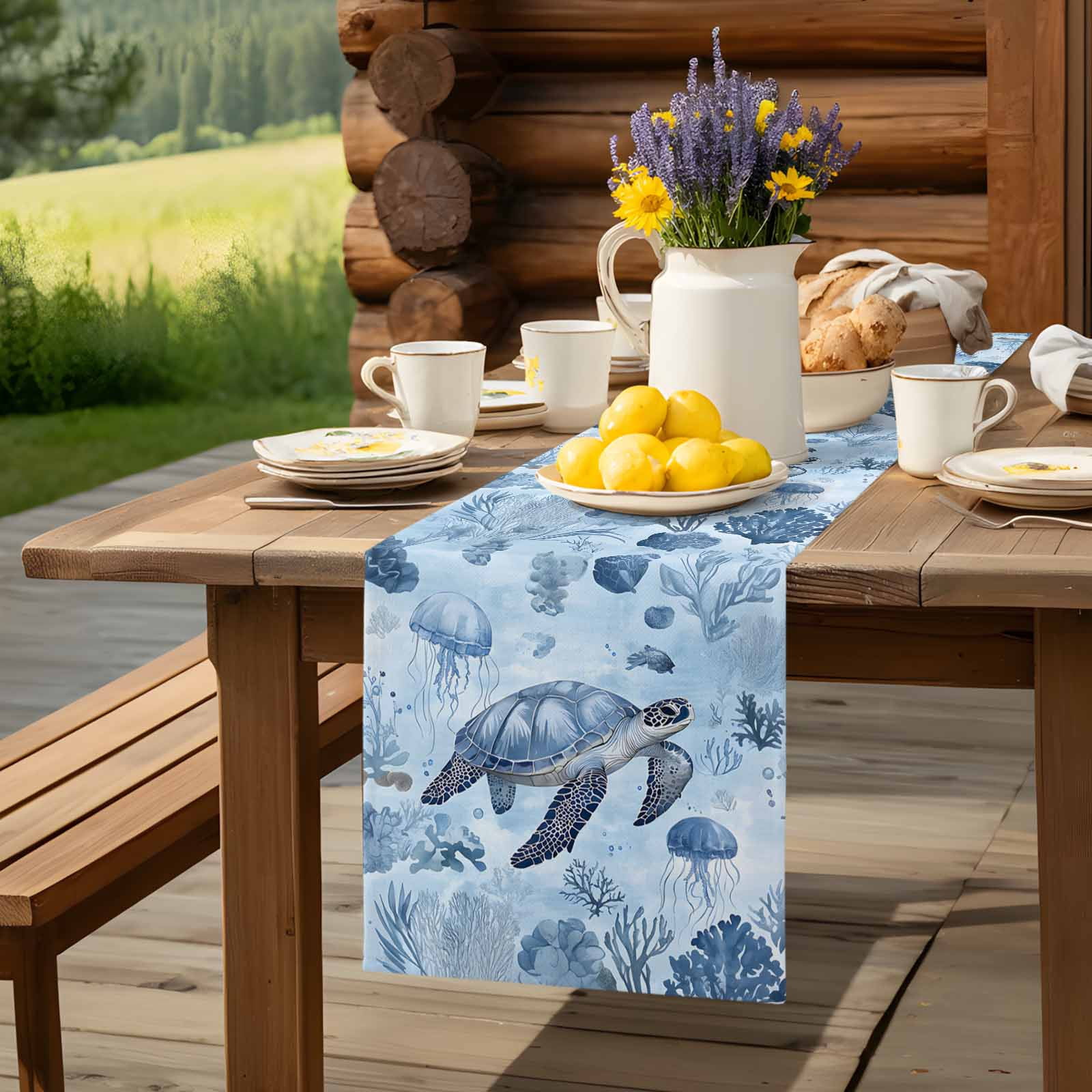 Sea Turtle Jellyfish Blue Ocean Table Runner 90 Inches Long, Coral Marine Life Table Runners Tabletop Scarf Kitchen Dining Tables Decoration for Home Party Indoor Outdoor