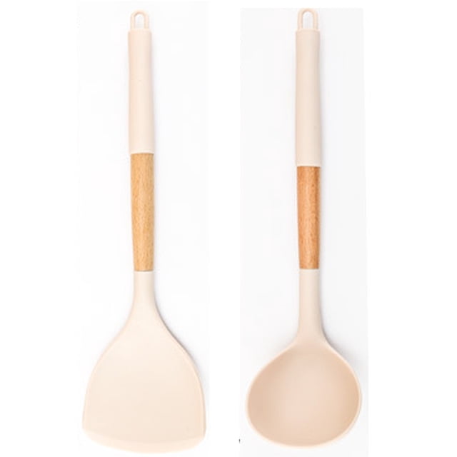 Juego de Herramientas de Cocina Ergonómicas Antiarañazos con Mango de Madera Natural de 2 Piezas para Utensilios de Cocina Antiadherentes Crema
