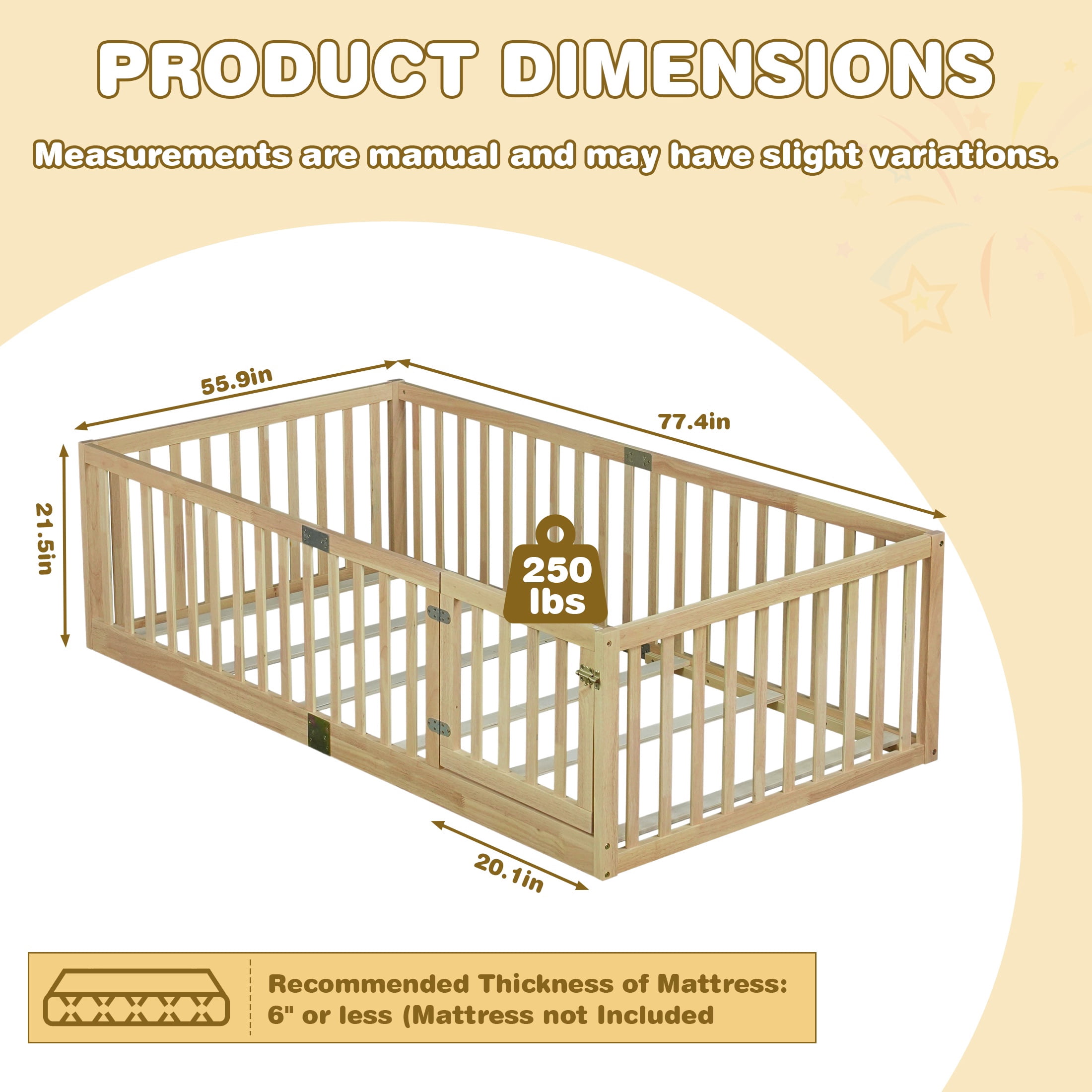 Sesslife Twin Size Floor Bed with High Fence & Door, Wood Twin Bed Frame with Salts and 21.5” Safety Guardrails, Twin Floor Bed for Boys Girls, No Box Spring Needed, Natural