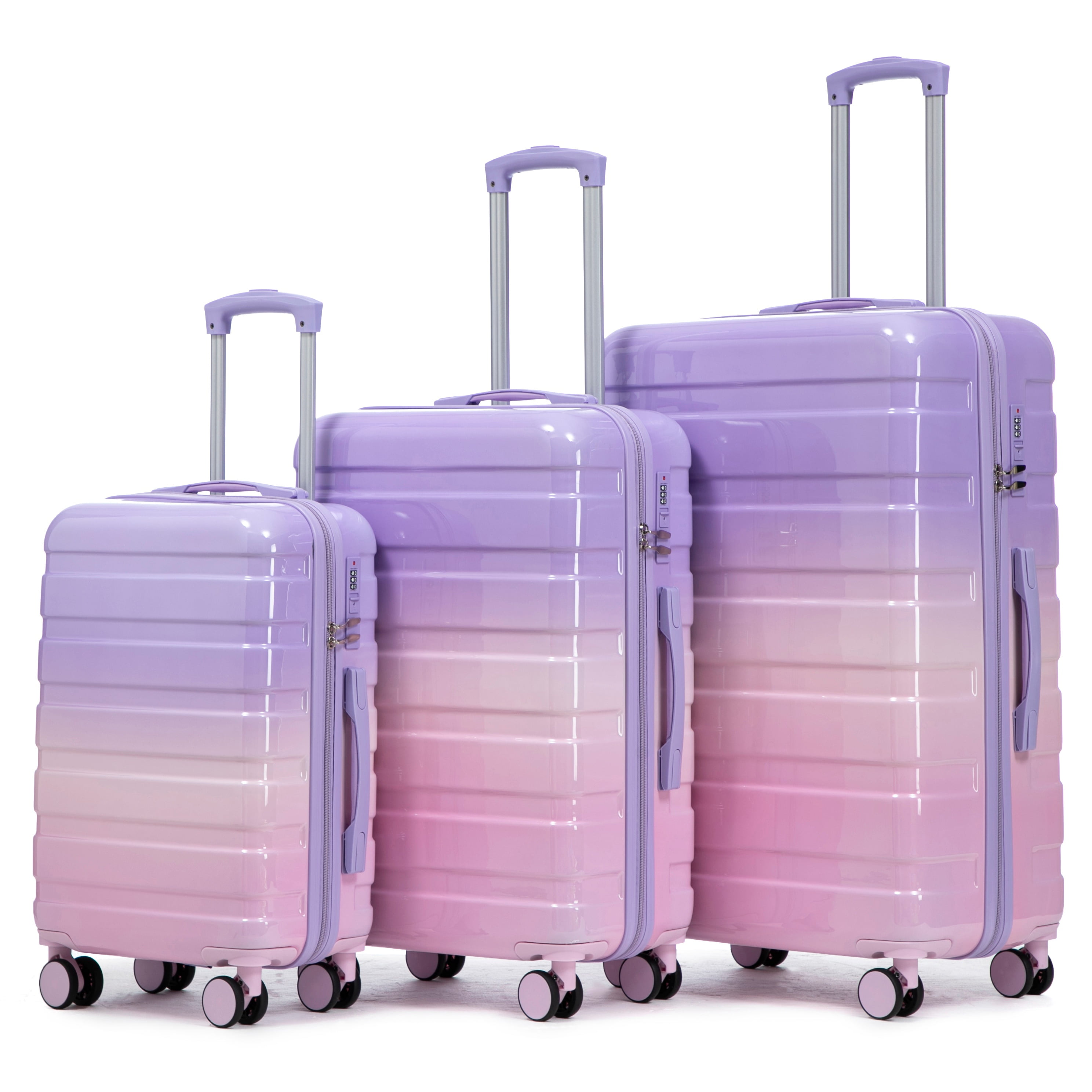 3-Piece PC Spinner Wheel Luggage Set with Gradient Color & Combination Lock, Carry-On Suitcase, Purple