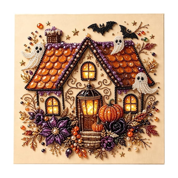 DIY Gothic Spooky House Haunted Cottage Diamond Painting Kit, 5D Paint by Numbers with Pearl Crystals for Adults, Whimsical Halloween Ghost Pumpkin Home Canvas Decor