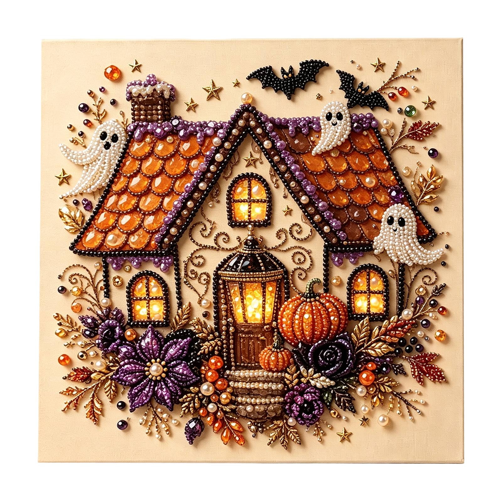 Halloween Old Castle Pearl Art DIY Kit 3D Diamond Painting Craft Kit with Crystal Pearl Beads Cute Ghost Pearl Art for Adults & Kids Halloween Home Wall Decor Fall DIY Gift
